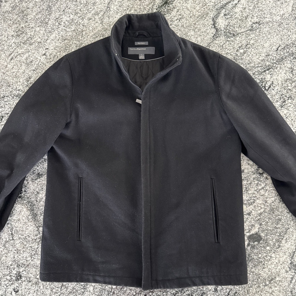 Perry Ellis Portfolio Wool Blend Quilted Peacoat Jacket Car Coat Large Black